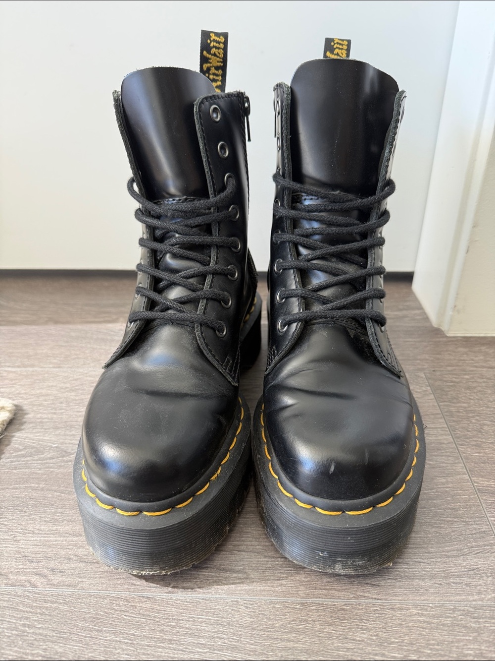 Dr. Martens Black Leather Platform Lace-Up Boots with Yellow Stitching